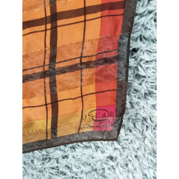 OSCAR DE LA RENTA Silk Square Pocket Scarf Plaid Pink Metallic Gold Sheer - Picture 3 of 5